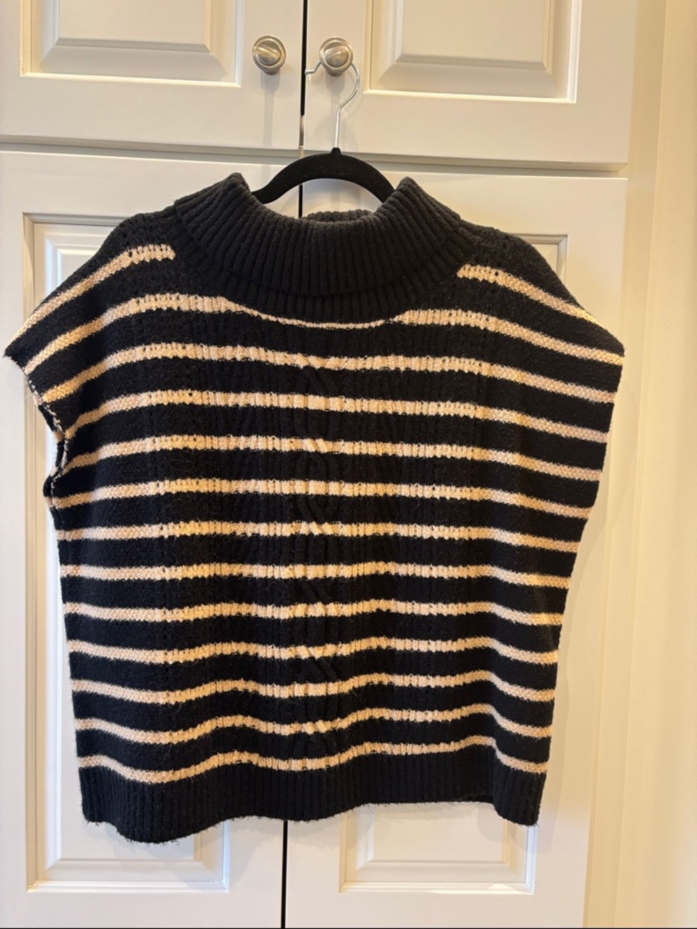 THML Black and Cream Striped Sleeveless Turtleneck Sweater